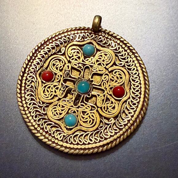Artisan Jewelry - Tibetan Double-Sided Amulet & Turquoise Coral Inlays Pendant